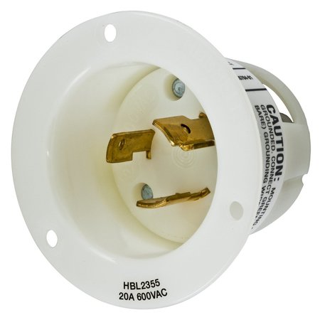 HUBBELL WIRING DEVICE-KELLEMS Locking Devices, Twist-Lock®, Industrial, Flanged Inlet, 20A 600V AC, 2-Pole 3-Wire Grounding, L9-20P, Screw Terminal, White HBL2355